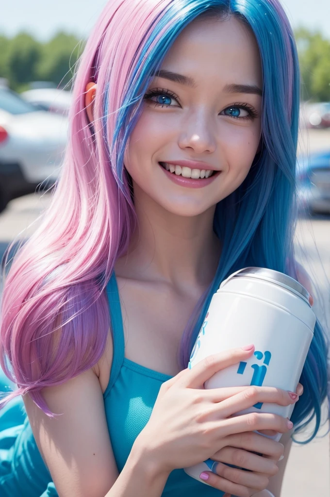 An emotion from the Pixar film Fun Mind in pink with long, well-hydrated hair, she is very happy and her hair is blue