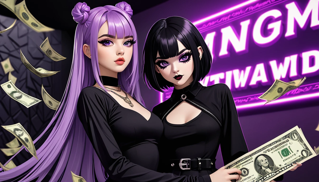 a beautiful young woman with long purple hair, striking black eyeshadow, and a confident, alluring expression, wearing a stylish purple and black outfit, posing with another girl who has short black hair, a cute and playful "UwU" expression, and an edgy e-girl aesthetic, in the background the mythical shadow money wizard gang looms