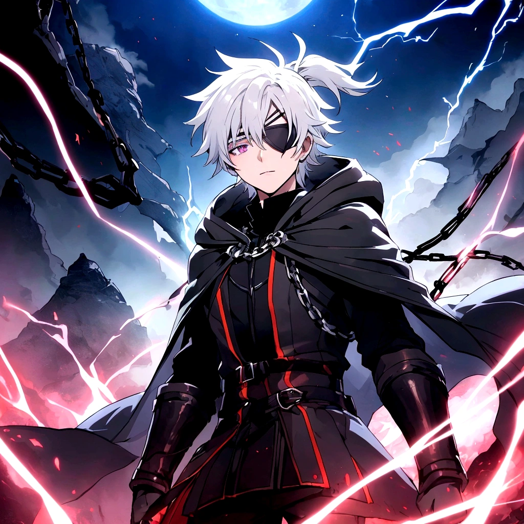 Anime character, a man, medieval era. Young man, 20 years old, large body, cold gaze, cold expression, white skin, short messy gray hair, ponytail, left eye patch, black clothes, black shirt, dark cape with hood, chains. frontal camera. Walking in a sea of blood. Three moons shining high in the sky, purple, red and blue. White electricity emanating from his body, black electricity emanating from his left hand. Right eye shining in a white ray. Thunderous white lightning. (best quality, 4k, 8k, high resolution, masterpiece: 1.2), vibrant, ultra-detailed colors, chiaroscuro lighting, dramatic pose, intricate details, fantasy, mystical, powerful