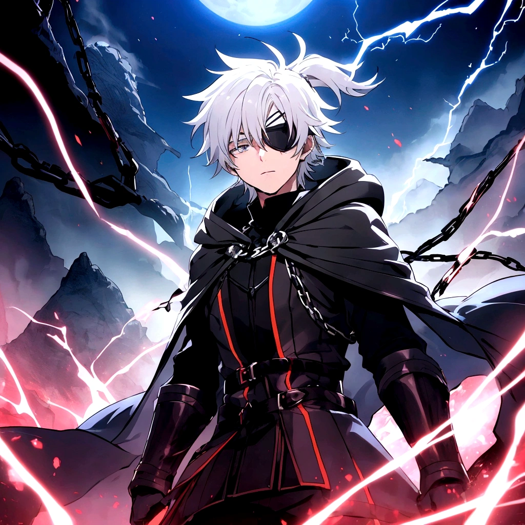 Anime character, a man, medieval era. Young man, 20 years old, large body, cold gaze, cold expression, white skin, short messy gray hair, ponytail, left eye patch, black clothes, black shirt, dark cape with hood, chains. frontal camera. Walking in a sea of blood. Three moons shining high in the sky, purple, red and blue. White electricity emanating from his body, black electricity emanating from his left hand. Right eye shining in a white ray. Thunderous white lightning. (best quality, 4k, 8k, high resolution, masterpiece: 1.2), vibrant, ultra-detailed colors, chiaroscuro lighting, dramatic pose, intricate details, fantasy, mystical, powerful