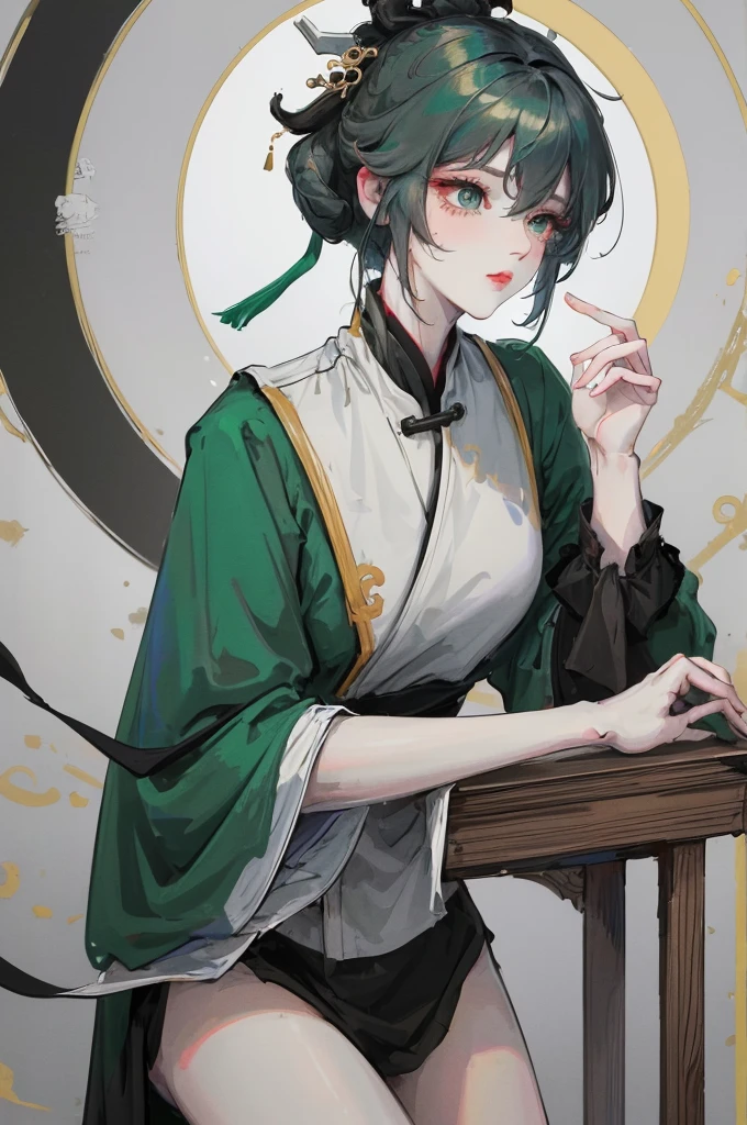 Masterpiece, Best quality, 1 Female, Mature Woman, Elder Sister, Royal Sister, Cold Face, strong, green eyes, wolfcut short hair, smoky color hair, resolute eyes, simple white Taoist Taoist uniform, black accessories, sarashi, one shoulderancient, Chinese mix morden, blank background, remove background