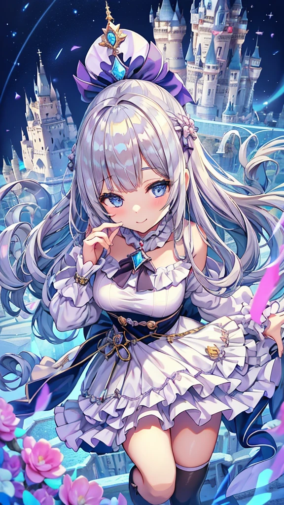 Masterpiece、Highest quality、Super detailed、Fluffy and soft long hair、Gray Hair、Diamond Eyes、Big Tits、Too big breasts、magic少女、Ribbons and frills、diamond brooch、magicのダイヤモンドのステッキ、magic、smile、Cute castle