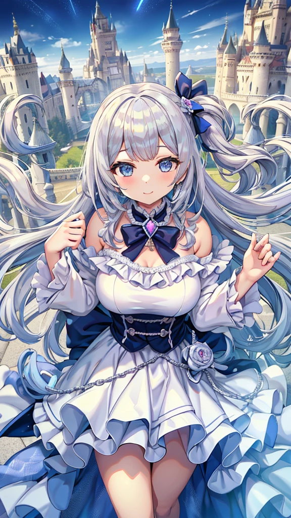 Masterpiece、Highest quality、Super detailed、Fluffy and soft long hair、Gray Hair、Diamond Eyes、Big Tits、Too big breasts、magic少女、Ribbons and frills、diamond brooch、magicのダイヤモンドのステッキ、magic、smile、Cute castle