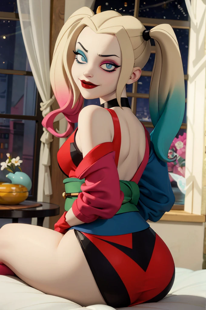harleyquinn, blue eyes, eye shadow, blonde hair, twin tails, multicolored hair, traditional kimono, sash, wide sleeves, off shoulder, looking at viewer, serious, smirk, sitting, on bed, from_behind, inside cozy bedroom, window, night time, high quality, masterpiece,