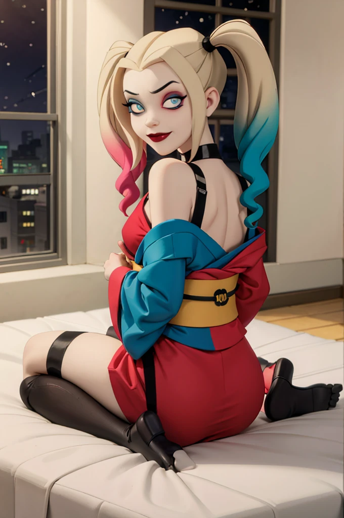 harleyquinn, blue eyes, eye shadow, blonde hair, twin tails, multicolored hair, traditional kimono, sash, wide sleeves, off shoulder, looking at viewer, serious, smirk, sitting, on bed, from_behind, inside cozy bedroom, window, night time, high quality, masterpiece, 