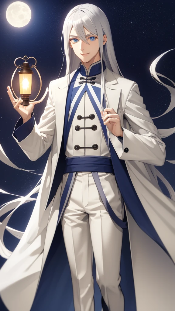 1 tall young man, silver hair, blue eyes, white skin, smile, long hair, floating in the air, short jacket, long pants, holding a lantern, Chinese lantern, night, moon