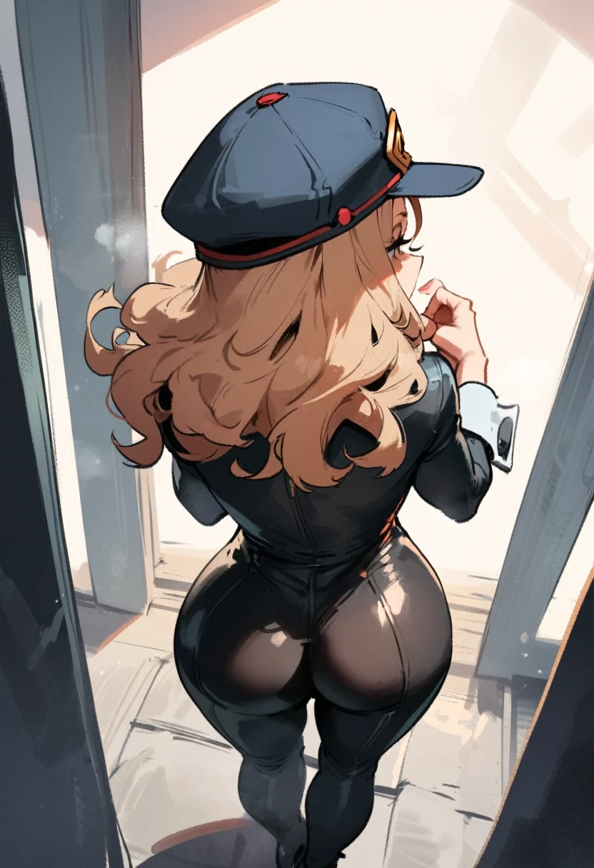 1girl, utsushimi kemii, boku no hero academia \\\\\ masterpiece, best quality, very aesthetic, absurdres, newest \\\\\\ slim body,///// by dodok,by nyantcha,cutesexyrobutts , by khyle,,//////light brown hair  , cap,  black catsuit . She wears white cuffs around her wrists,,standing, , (rear view:1.2), ass view,, ,pov. sge looking afar, look away
