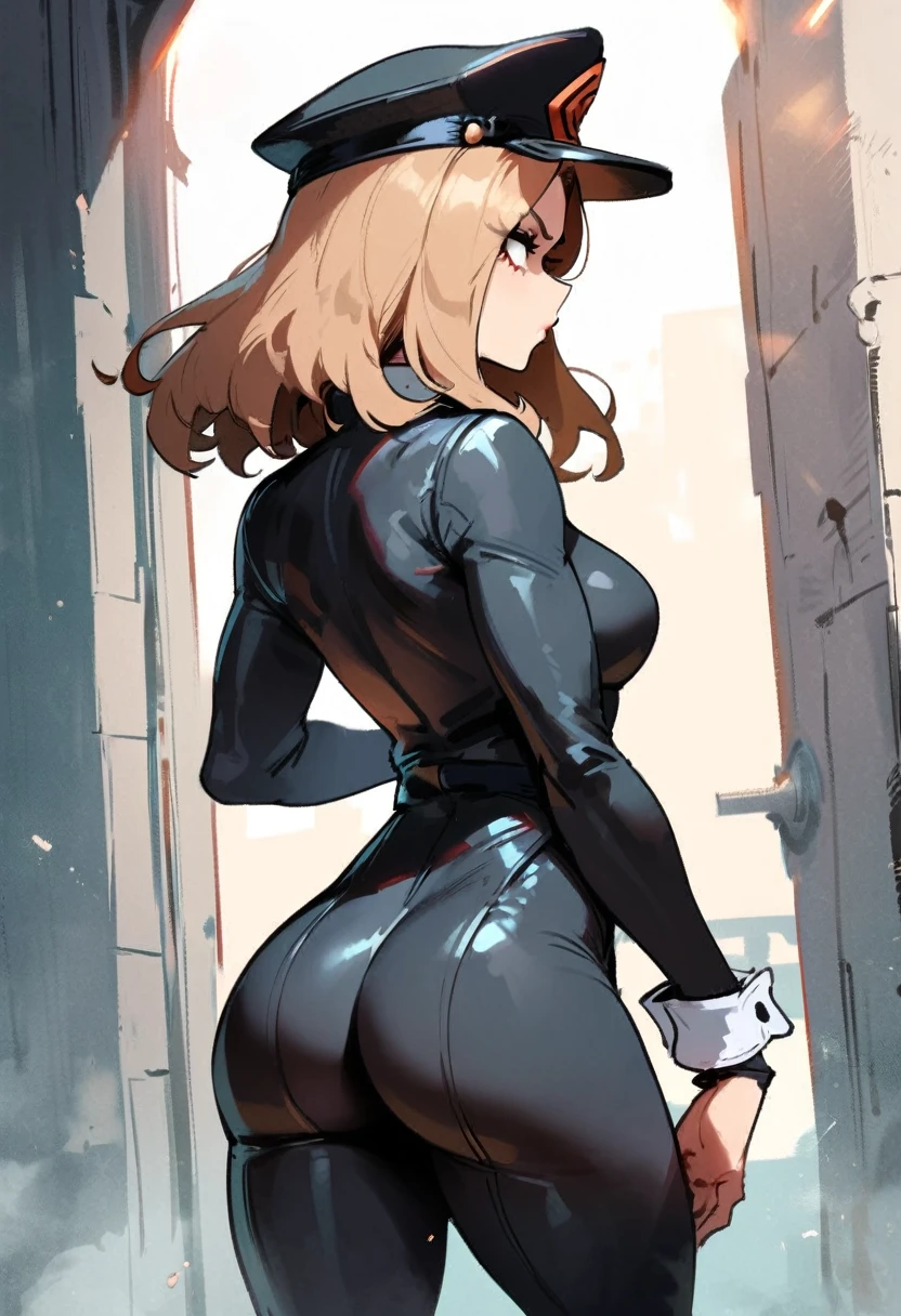 1girl, utsushimi kemii, boku no hero academia \\\\\ masterpiece, best quality, very aesthetic, absurdres, newest \\\\\\ slim body,///// by dodok,by nyantcha,cutesexyrobutts , by khyle,,//////light brown hair  , cap,  black catsuit . She wears white cuffs around her wrists,,standing, , (rear view:1.2), ass view,, ,pov. sge looking afar, look away
