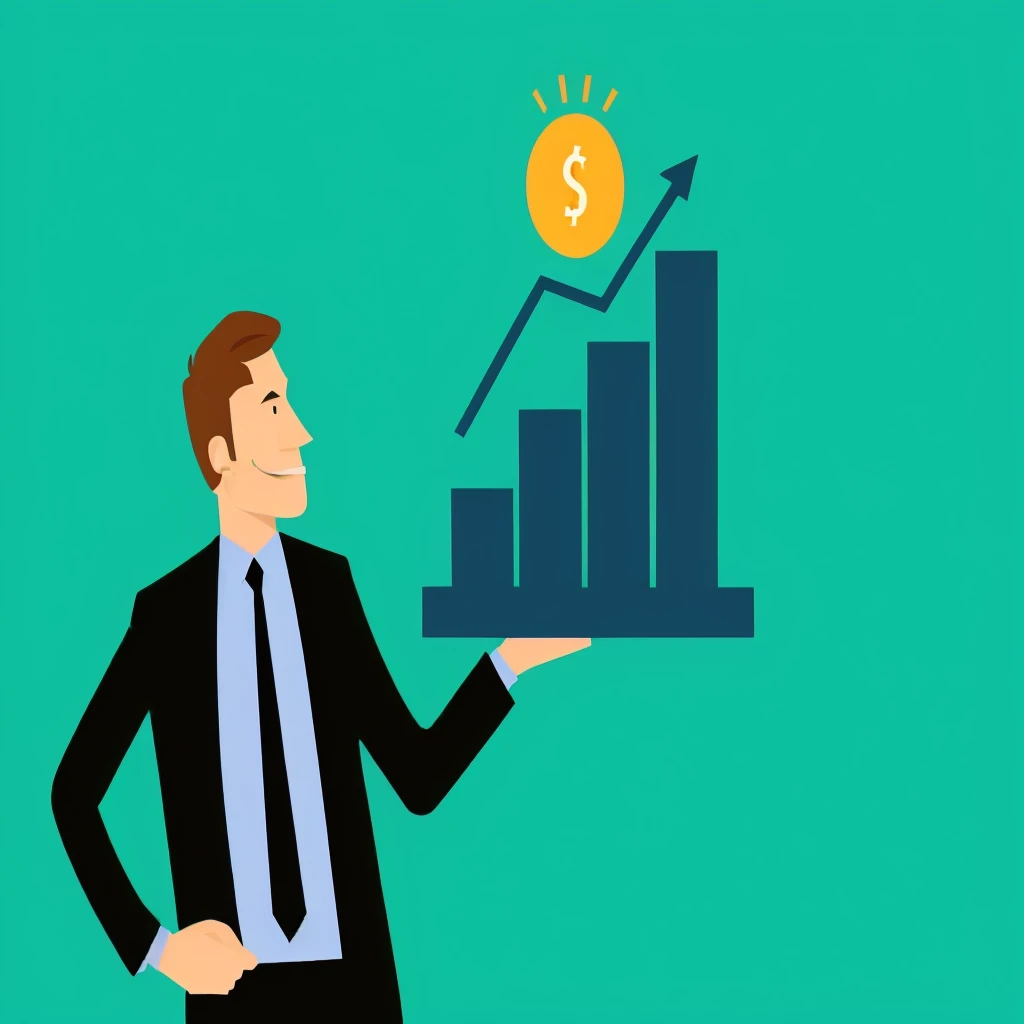 a man in a suit holding a tray with a chart and a dollar sign, simple illustration, flat illustration, corporate animation style, marketing illustration, by Whitney Sherman, by Emma Andijewska, illustration detailed, proffesional illustration, svg illustration, marketing game illustration, shaded flat illustration, b, an illustration, digital marketing, by Ingrida Kadaka