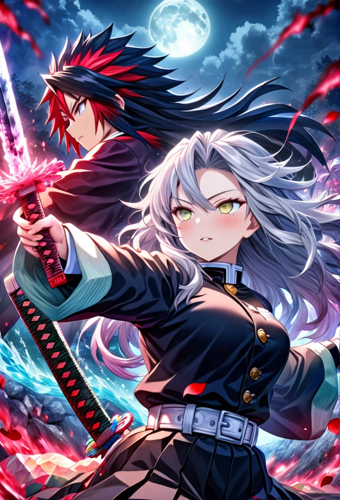 Ultra detailed, highres, absurdres, HDR, master piece, anime couple, pretty woman with white long hair with red streaks, girl with yellow eyes, black demon slayer uniform, Kimetsu No Yaiba, fantasy, red and blue petals, blood power, pretty, Tomioka Giyu, Water Hashira power, training with swords, magic, moon, best quality, extremely detailed face, anime, they are really in love and training with katanas, hashira training swords, Tomioka Giyu training with a pretty woman