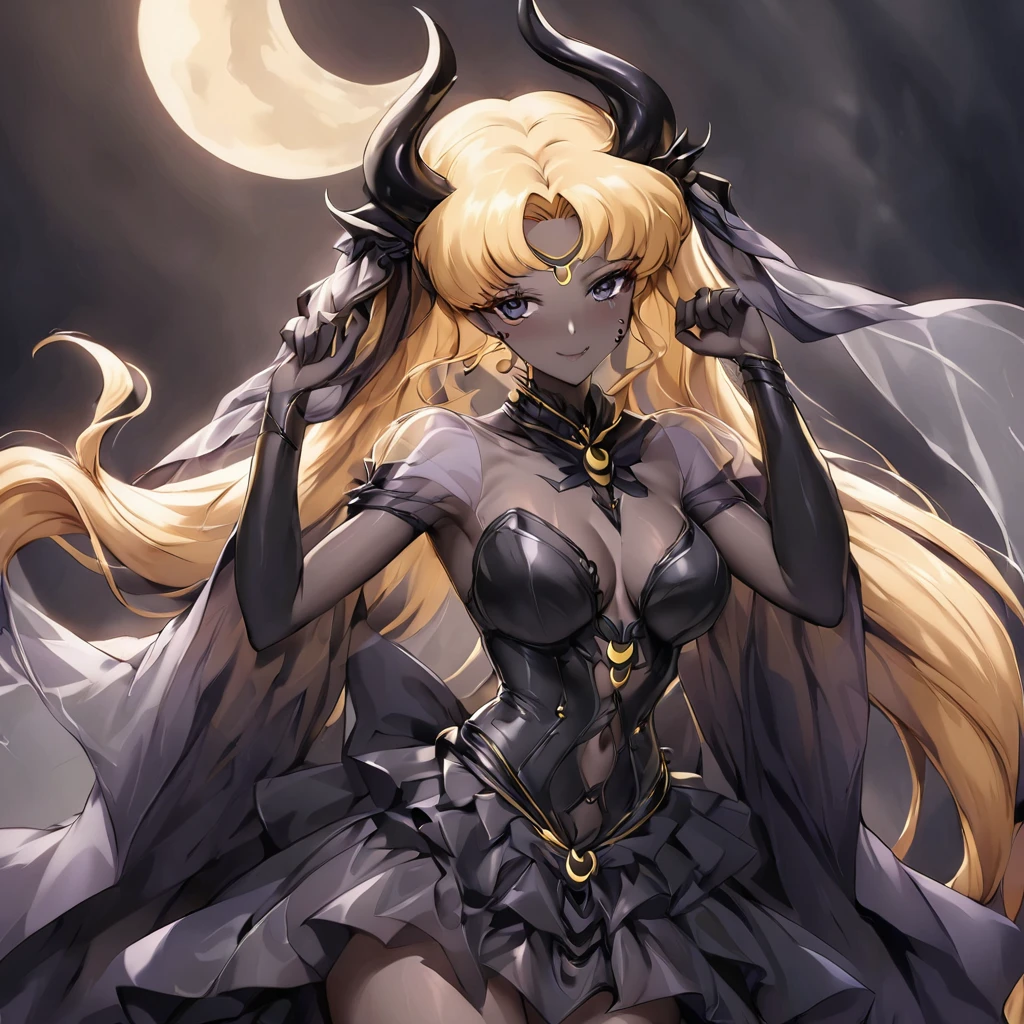 ((Highest quality)), ((masterpiece)), (detailed), (Perfect Face)、The woman is the Dark Queen of the Black Moon of the Black Moon Clan, the Demon Queen Black Serenity, and the woman is the sexy, jet-black-skinned demon princess Serenity.、The woman is a jet-black female demon with magnificent devil horns, jet-black devil wings, and a jet-black tail. Her skin is jet-black and she has a black inverted crescent moon mark on her forehead. She is a demon bride wearing a see-through Gothic Victorian wedding dress that shows off her gorgeous black skin, a black wedding veil, and a black see-through cape. She is the jet-black demon Princess Serenity, and has blonde hair that looks happy as she looks at the camera.2The expression of a girl in love with her long hair tied up、Woman is Black Serenity、Punishment pose on behalf of the moon