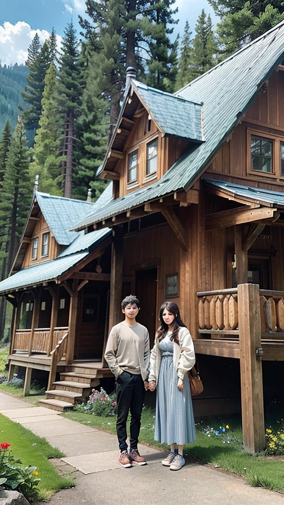 The image features two individuals standing in front of two charming, rustic cabins. The cabins are made of wood and have a distinctive, arched roof design. Each cabin has a front porch with steps leading up to it, surrounded by lush greenery and colorful flowers. The cabins appear to be located in a rural or mountainous area, adding to their quaint, cozy atmosphere. The sky is overcast, lending a cool and tranquil mood to the scene. The individuals are dressed in casual clothing and are smiling at the camera, suggesting a pleasant visit or stay at this picturesque location.