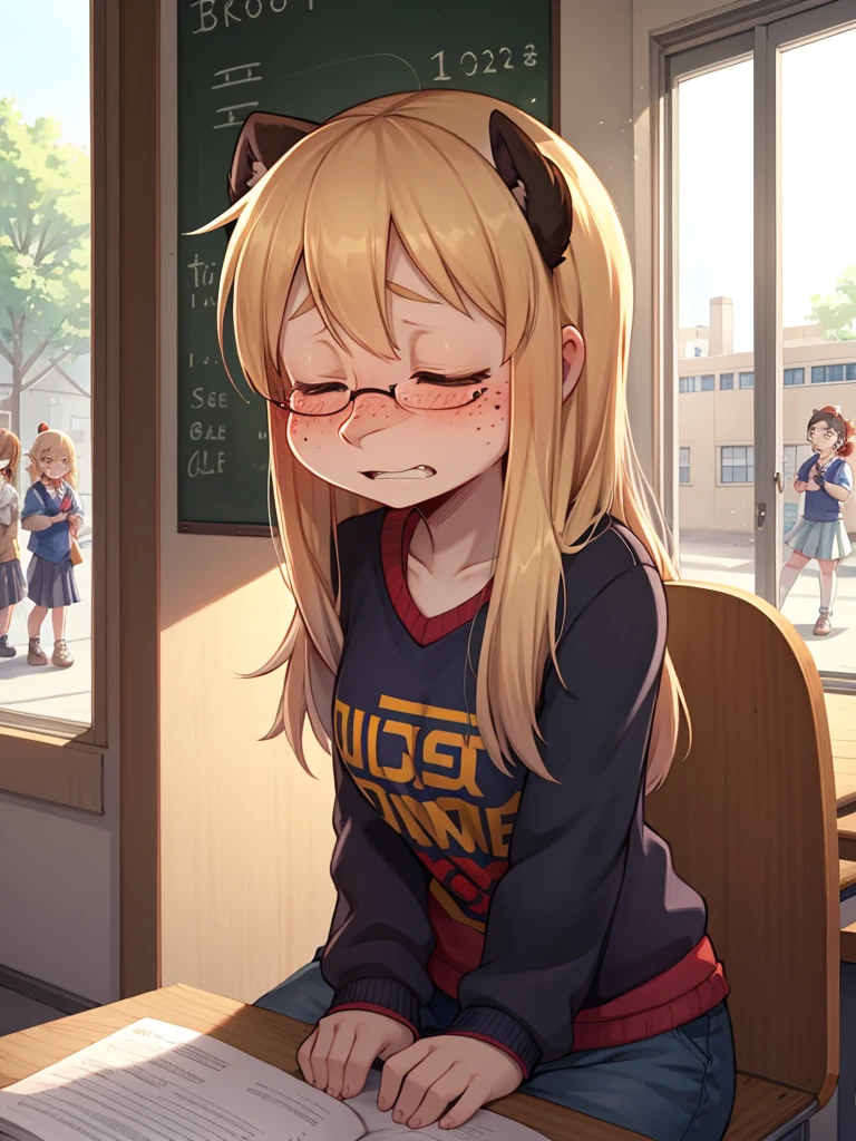ugly face female , ugly loose body , (Freckles:0.9) , (clothed erotica) , Bad taste clothes , shy geek , school , I'm embarrassed so I close your eyes