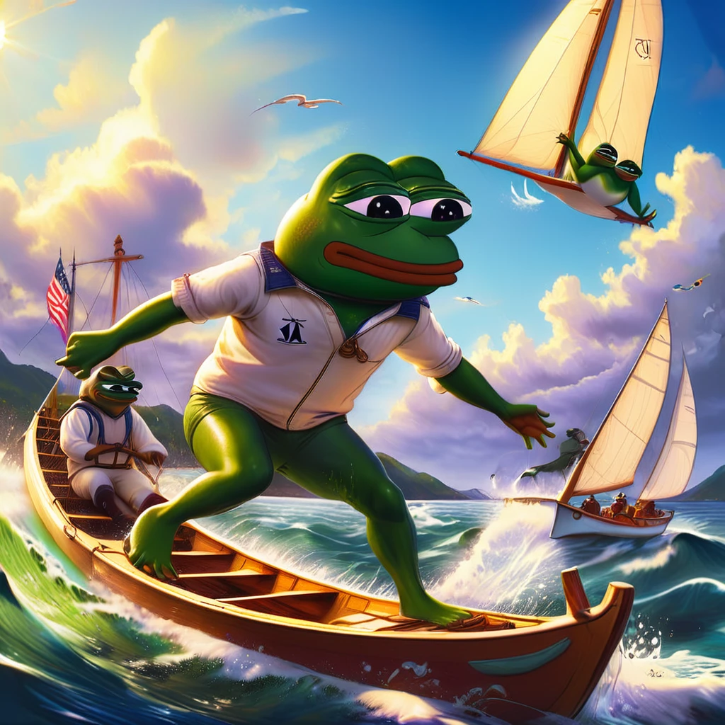 pepe the frog, race sailing, big boat, anthropomorphic frog character, frog sailing boat, dynamic sailing pose, splash water effects, sunny seascape environment, colorful sailboat, vibrant colors, whimsical digital art, highly detailed, masterpiece, cinematic lighting, photorealistic, award winning illustration