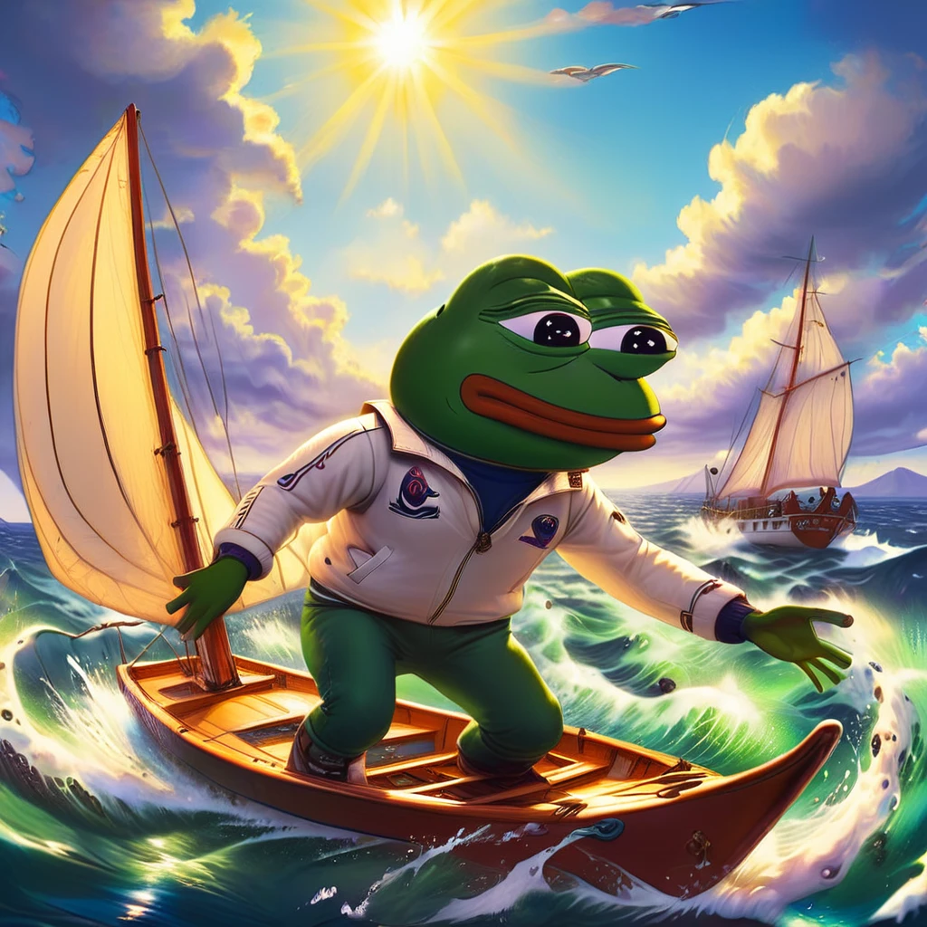 pepe the frog, race sailing, big boat, anthropomorphic frog character, frog sailing boat, dynamic sailing pose, splash water effects, sunny seascape environment, colorful sailboat, vibrant colors, whimsical digital art, highly detailed, masterpiece, cinematic lighting, photorealistic, award winning illustration