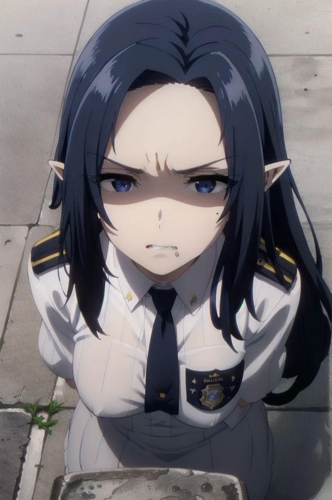 dark blue hair,,long hair,blue eyes,pointy ears,elf,Cute girl, (((policewoman, wearing police uniform))),((intenseglare, disgust, shaded_face, shadow_over_eyes, glaring, looking down at the viewer,cleanched teeth)),full body