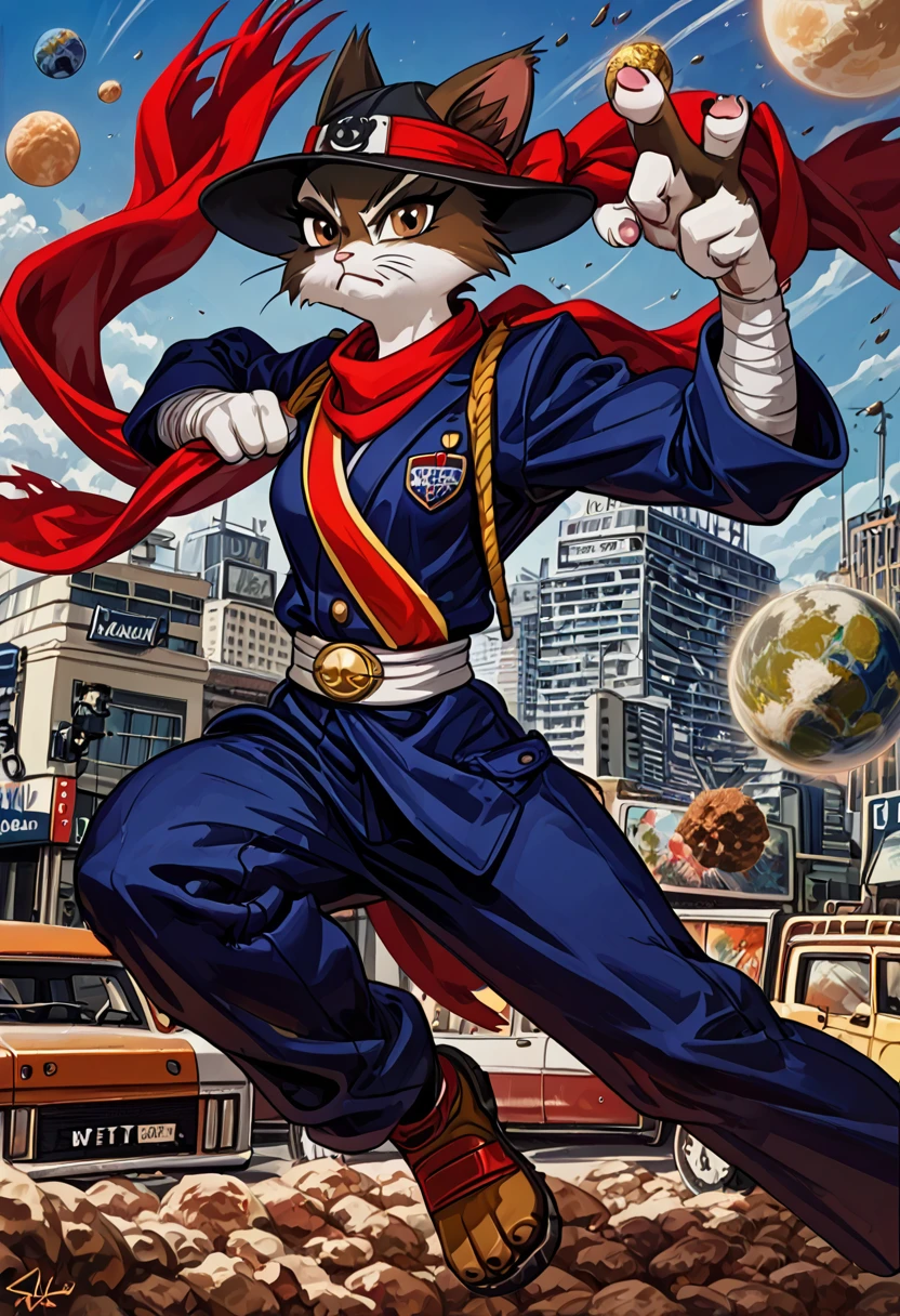 a painting of a cat wearing a hat and scarf, trending in the art station, dressed in punk clothes, detailed hyper realistic rendering, british gang member, street style, intimidating pose, planet of the cats, clothes with fashion, urban samurai, meow, west slavic features, 8 1 5