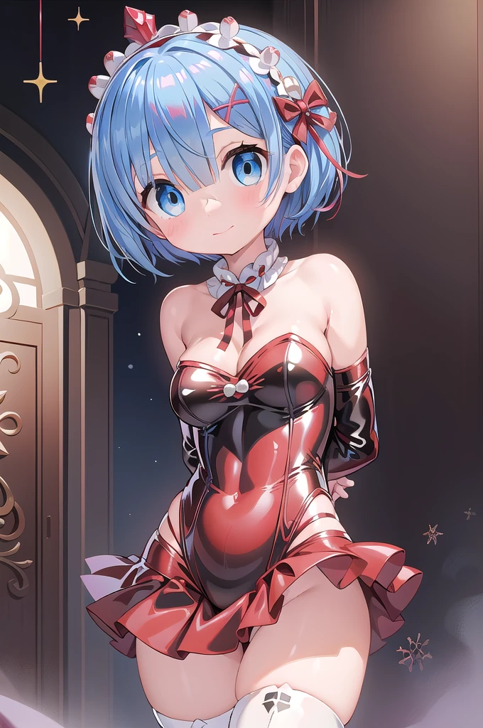 1girl,solo,(red santa claus costume:1.6),cowboy shot,standing,(blue hair:1.2),(short hair:1.2),x hair ornament,hair ribbon, hair over one eye,(blue eyes:1.2)(beautiful fingers:1.2),(perfect anatomy:1.4),(arms_behind_back:1.6),(cold_shoulder:1.2),(red leotard:1.2),(shiny_clothes:1.6),medium breasts,(masterpiece),best quality,(Ultra high definition eyes:1.2),8k,(Beautiful detailed eyes:1.2),(Fine and beautiful eyes:1.2),(pretty eyes:1.2),finely detail,extremely CG, absurdres,high resolution,illustration,Detailed and beautiful outlines,finely detail,high resolution,(colorful refraction:1.4,Increase saturation:1.2),beautiful lighting,dynamic lighting,closed room,black background,simple background, smile,looking at viewer,aarem, maid headdress, neck ribbon, cleavage,(red thigh boots:1.2),(latex luster shiny glossy:1.4)