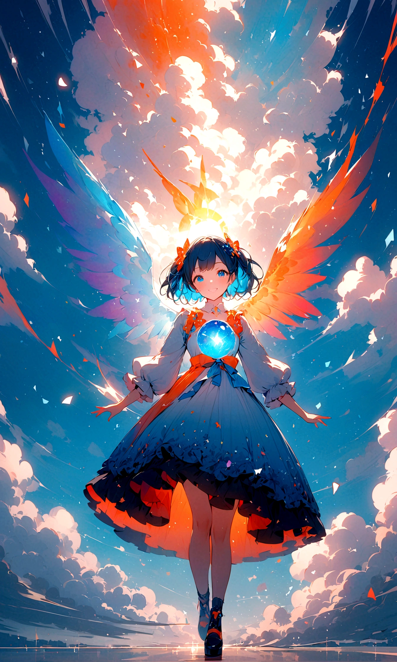 Whole body expression、1 girl、solo、blue eyes、Cyan background、bright、blue sky、cloud、sunny、youth、Blue and white main color、Orange sub-color、ink、soloフォーカス、cool、love、accessories、smile、Beautiful hairstyle、beautiful、beautiful目、Shiny、Very comfortable、
