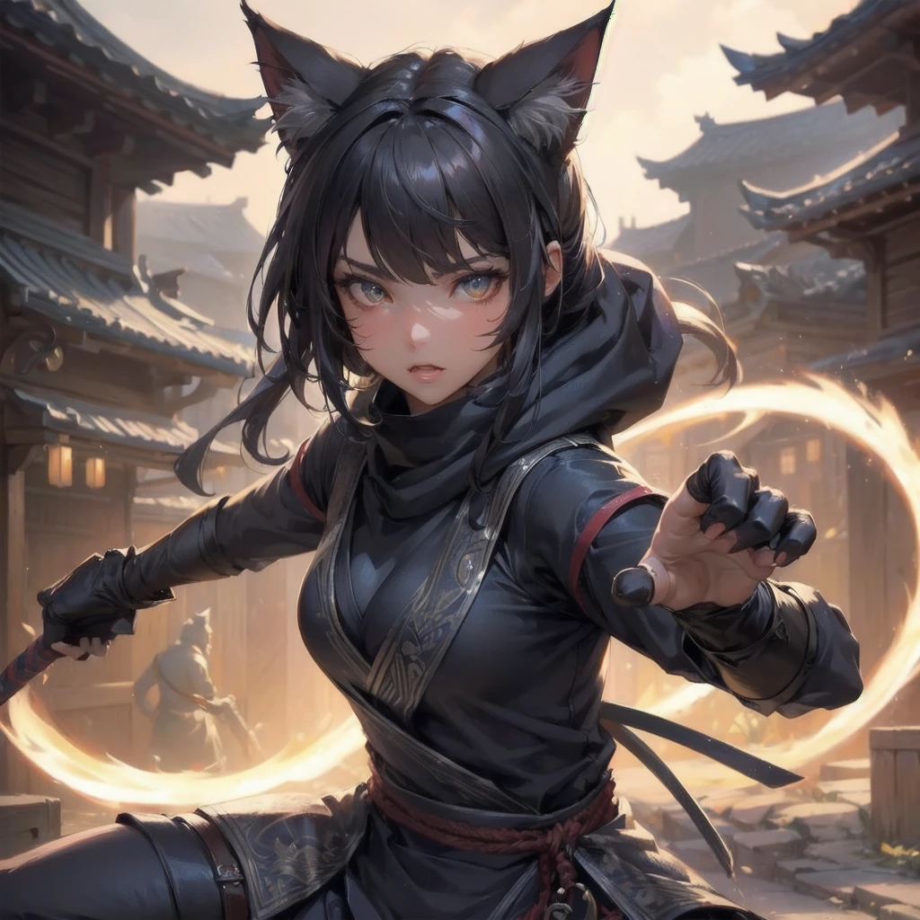 masterpiece, (textured skin), best quality, gorgeous beautiful girl, (a cat ears,cat tail), ninja,detailed clothes,large breasts,narrow waist,, (beautiful face), cinematic lighting, (fantasy anime art ),