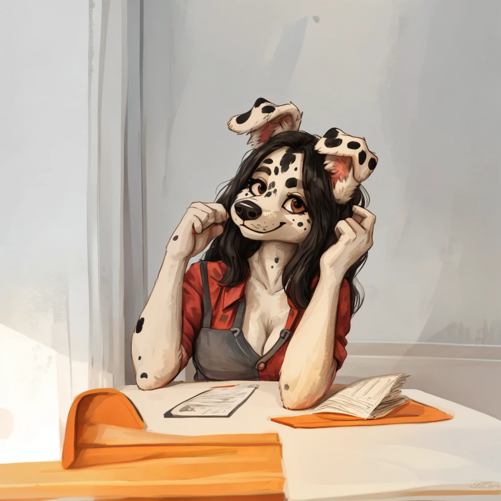 a cute and anthropomorphic, black spots and white fur female dog, she's dressed with a red vine colored shirt, closed smile, high quality furry art.