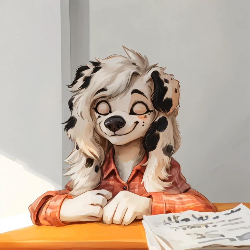 a cute and anthropomorphic, black spots and white fur female dog, she's dressed with a red vine colored shirt, closed smile, high quality furry art.