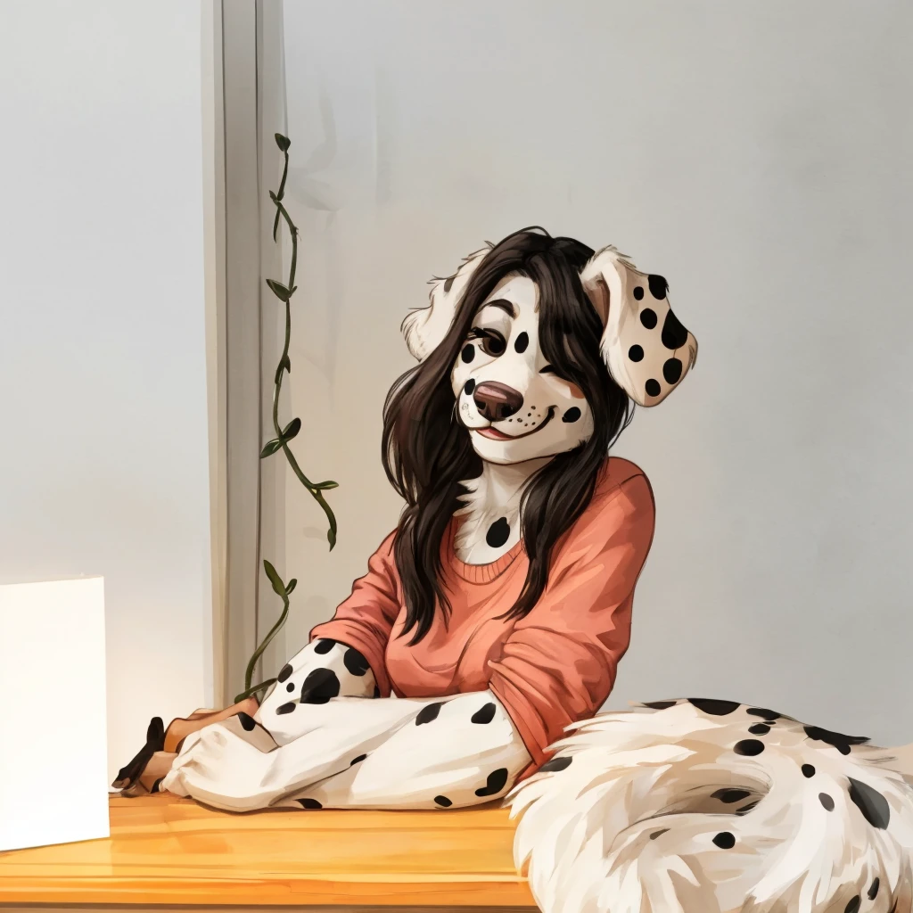 a cute and anthropomorphic, black spots and white fur female dog, she's dressed with a red vine colored shirt, closed smile, high quality furry art.