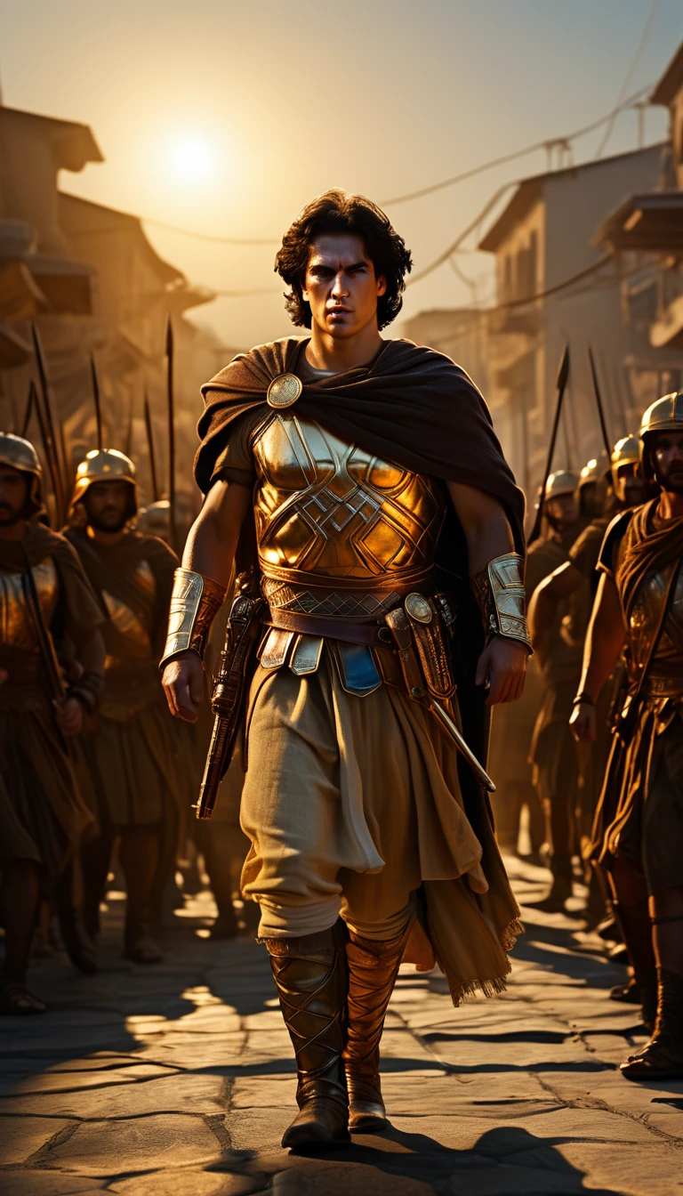 As the sun began to set, The warm golden color of the sun shone on his clothes, An intense moment capturing the pivotal turning point of the battle, with the Greeks rallying against the Persian onslaught, background dark, hyper realistic, ultra detailed hyper realistic, photorealistic, Studio Lighting, reflections, dynamic pose, Cinematic, Color Grading, Photography, Shot on 50mm lens, Ultra-Wide Angle, Depth of Field, hyper-detailed, beautifully color, 8k, golden light from the front,