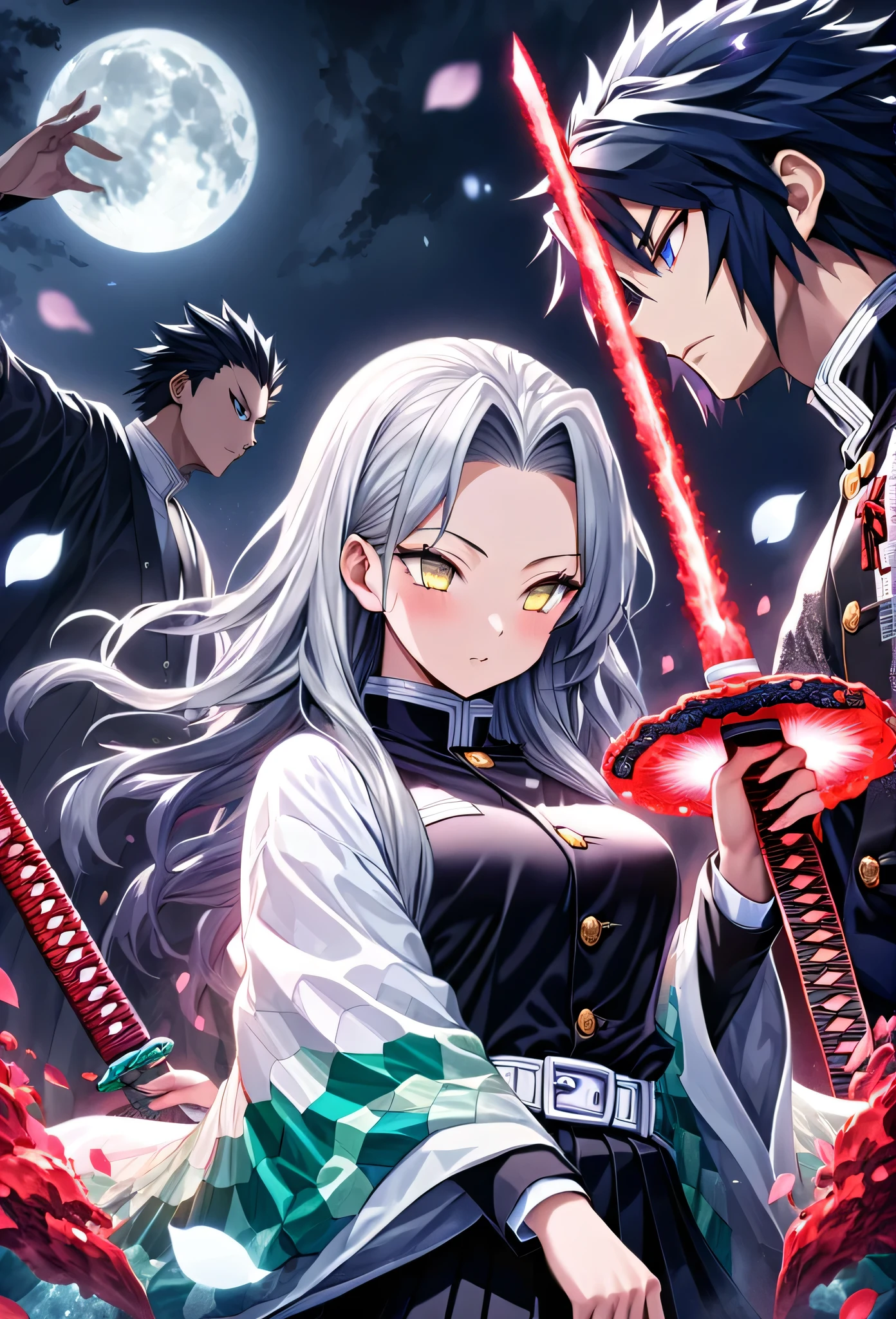 Ultra detailed, highres, absurdres, HDR, master piece, anime couple, pretty woman with white long hair with red streaks, girl with yellow eyes, black demon slayer uniform, Kimetsu No Yaiba, fantasy, petals, red blood power, pretty, Tomioka Giyu, Water Hashira power, training with swords, magic, moon, best quality, extremely detailed face, anime, they are really in love and training with katanas, hashira training swords, Tomioka training with a pretty woman