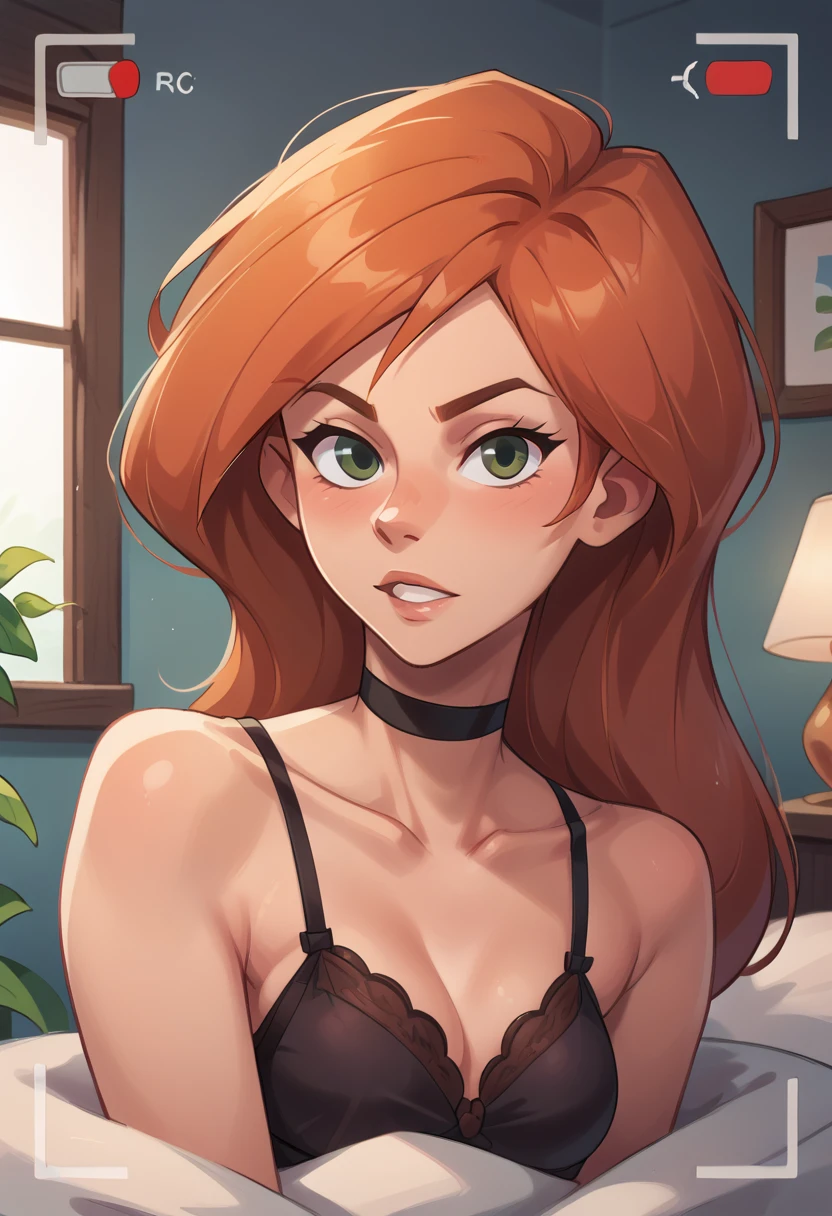 score_9, score_8_up, score_7_up, BREAK 1girl, solo, (Kim Possible, orange-red hair:1.5), looking at viewer, parted lips, wearing (bra and panties, choker:1.0), mature woman, beautiful, posing in her bedroom, erotic poses, viewfinder, rear view.