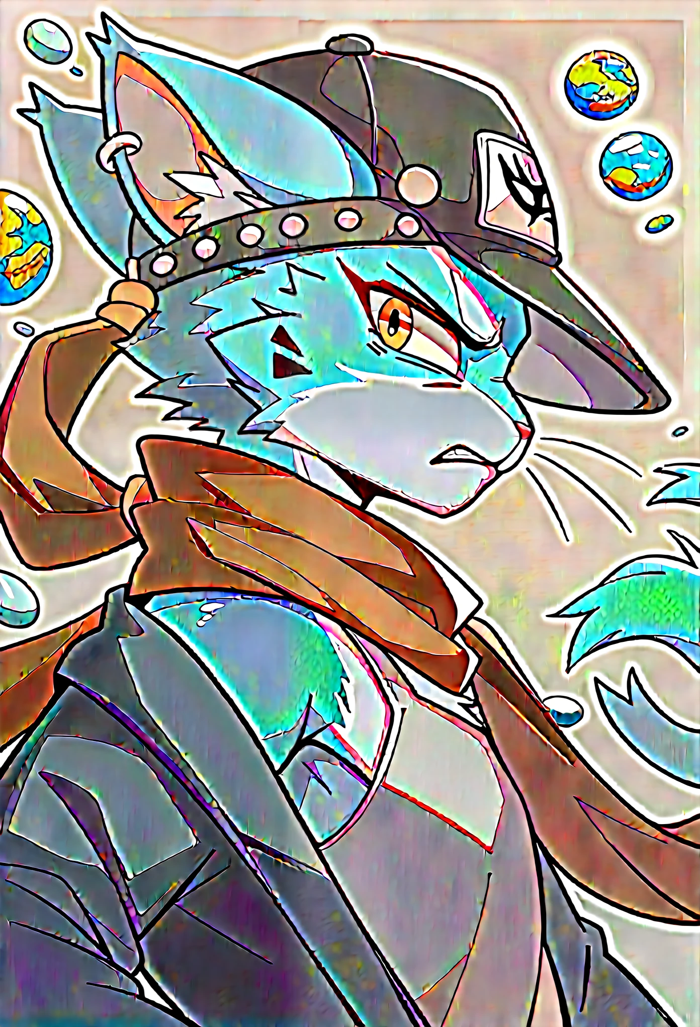 There is a little brown bear with a hat and a green shirt, Has glowing blue eyes, Handsome portrait, furry , with glowing eyes, sad expressions, Large glowing sad eyes, professional furry drawing, Shadow art style, Moe,brown bear,male people