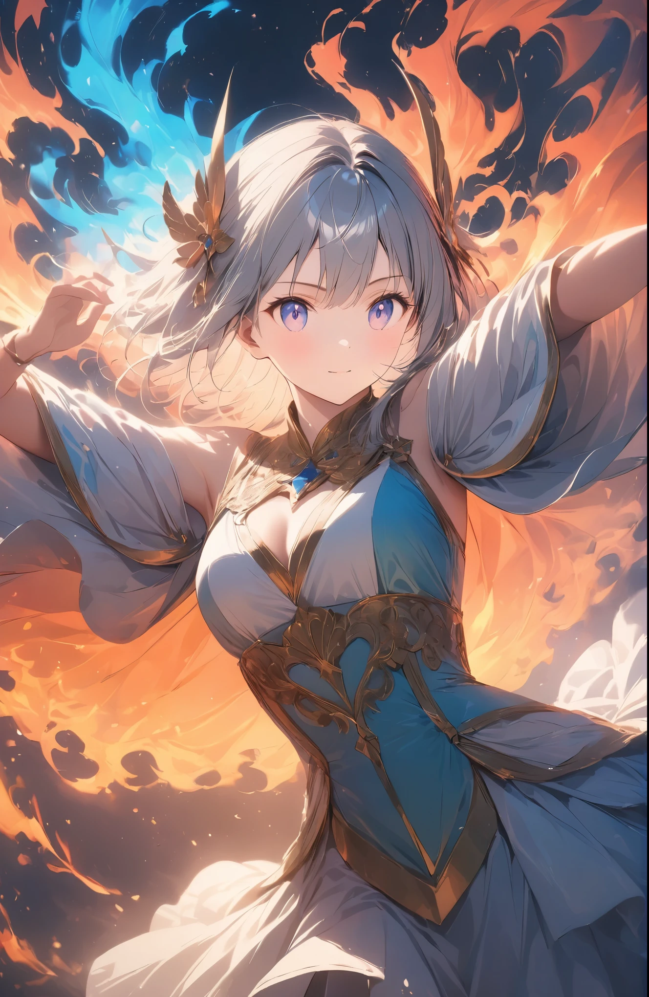 Anime,a beautiful fire priestess dancing amidst spectacular swirling flames, dramatic lighting, extreme detail, 8k, intricate ornate costume, elegant pose, intense fiery colors, volumetric lighting, photorealistic, cinematic composition, masterpiece, hyper detailed, ultra realistic,cute,effect