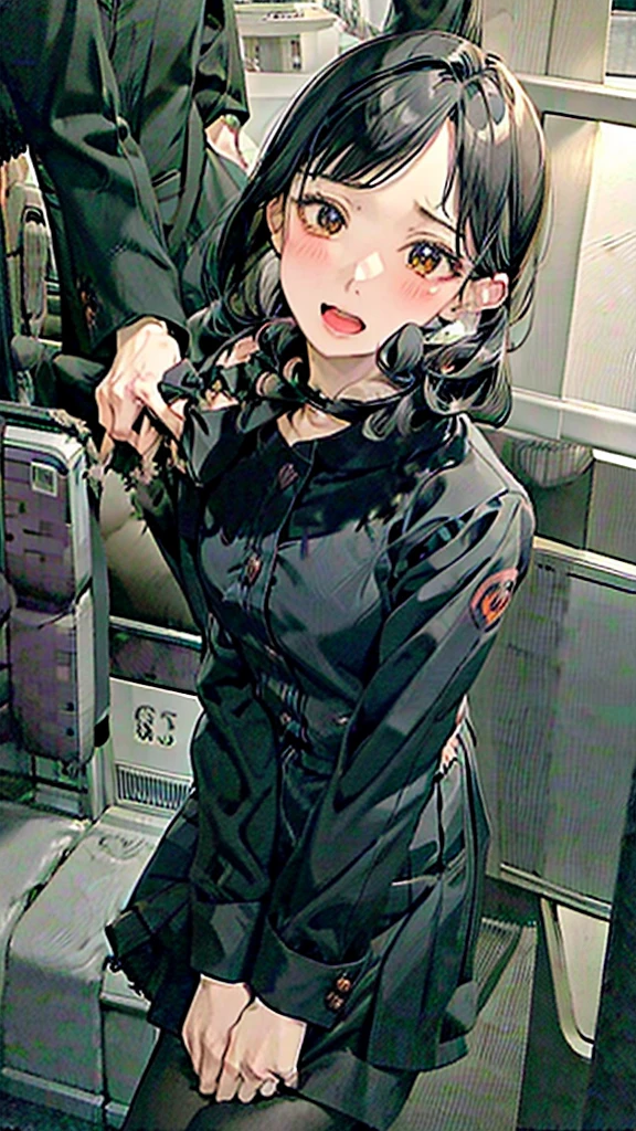 forehead,Pov,Open the Second button,View from below,fullbody,man on top,torn pantyhose,black hair,30s,open legs,On the seat,kneeling, cabin crew,orgasm,agegao