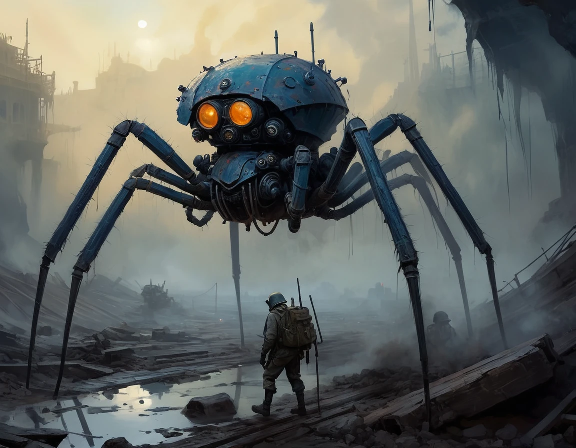 concept art, Clockworkspider walker from the First World War. Oil painting trend, muted colors, slate tones, brush strokes, puffy marks, hydraulics, pneumatics, sharp areas next to smooth, dark next to light, soft next to hard, ridges of thick paint creating shadows and thick texture. . , smoky grainy areas next to smooth open areas, a sense of three-dimensionality, abstraction of detail in color and shape, ((oily texture with clumps of paint)). . magnificent, heavenly, evil, cinematic, epic, majestic, magical, fantasy photos, covers, gritty and realistic