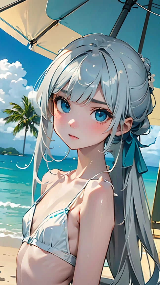 RAW Photos、Realistic、Ultra-realistic、Perfect Anatomy、Correct skeleton、小さいface、1 Girl、 masterpiece、、 8K, Very detailed, 、Very detailedな_face_eye、(Flat Body:1.34)、cute、Downward 、 Silver Hair, Grey eyes、 細部まで美しいface、Highly realistic photos、((White sand beach、Palm tree、blue sea、blue sky、))、Cowboy Shot、Beach parasol、Highest quality、Ultra-high resolution、