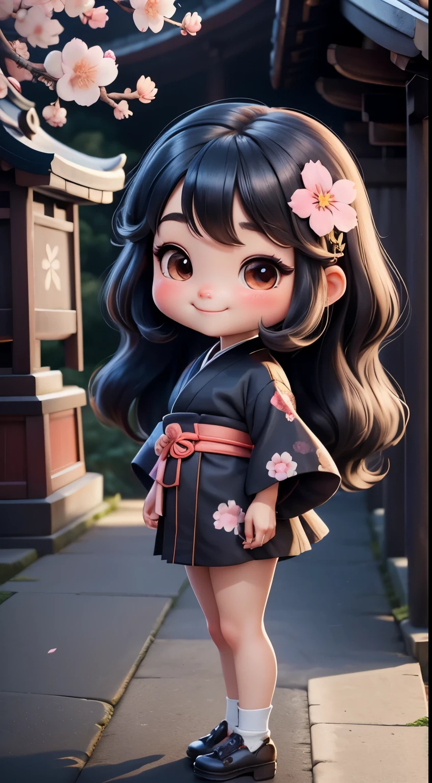 Create a loli baby chibi version of the Alice character in an 8K resolution. A girl with long black hair is wearing a kimono with a cherry blossom pattern and standing in front of Kiyomizu-dera Temple, wearing a cherry blossom hair accessory, It's sunny, Detailed eyes, clear outlines, kawaii pose, A smile, Raise your right hand, Eye Up, Laugh, radiant light, Taken from the side. She should look adorable and cute. Give him a smiling expression and a sweet smile on his face, capturing the essence of the character in a delicate and charming way.