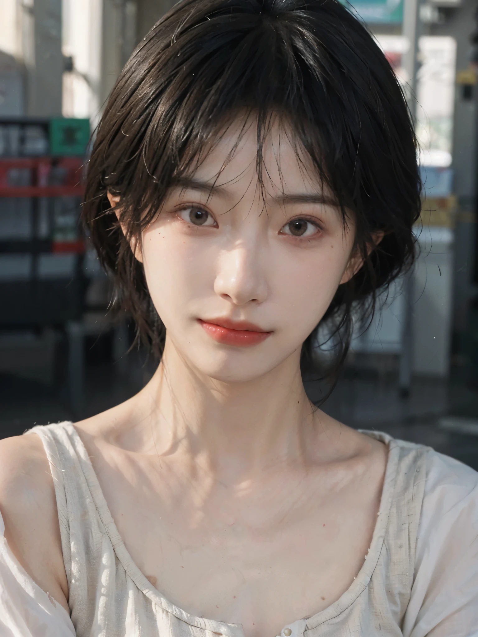 (Skin details:1.4), (smooth skin textures:1.3), Lipstick, background,海滩background, Looking at the audience,earrings, serene, calm, (Realistic and detailed eyes:1.2), Natural skin texture, Realistic facial details, Soft dramatic lighting, Vivid details, 35 mm film, outdoor, (Photo Practical:1.4), (hyper Practical:1.4), (Practical:1.3), (Smoother lighting:1.05), (Improve lighting quality:0.9), (Highest quality real skin textures:1.4), Exquisite eyes, Delicate face, Close-up of face, (Enhance the beauty of skin texture:1.1), Hair details, Vest,normal body ratio, short hair, Moles under the eyes, thinking, A faint smile,公园background,Portrait Photography, Depth of Field, Bokeh, Surrealism, Ray Tracing, (Portrait Photography:1.1), Surrealism, High Detail, Chiaroscuro, Ray Tracing, reflected light, Ultra HD, Ultra HD, masterpiece, Textured Skin, Super Detail, High Detail, high quality, best quality