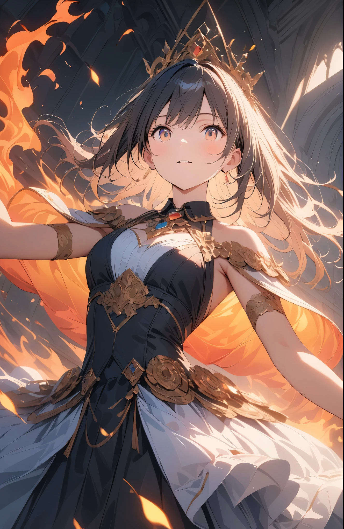 Anime,a beautiful fire priestess dancing amidst spectacular swirling flames, dramatic lighting, extreme detail, 8k, intricate ornate costume, elegant pose, intense fiery colors, volumetric lighting, photorealistic, cinematic composition, masterpiece, hyper detailed, ultra realistic,cute,effect