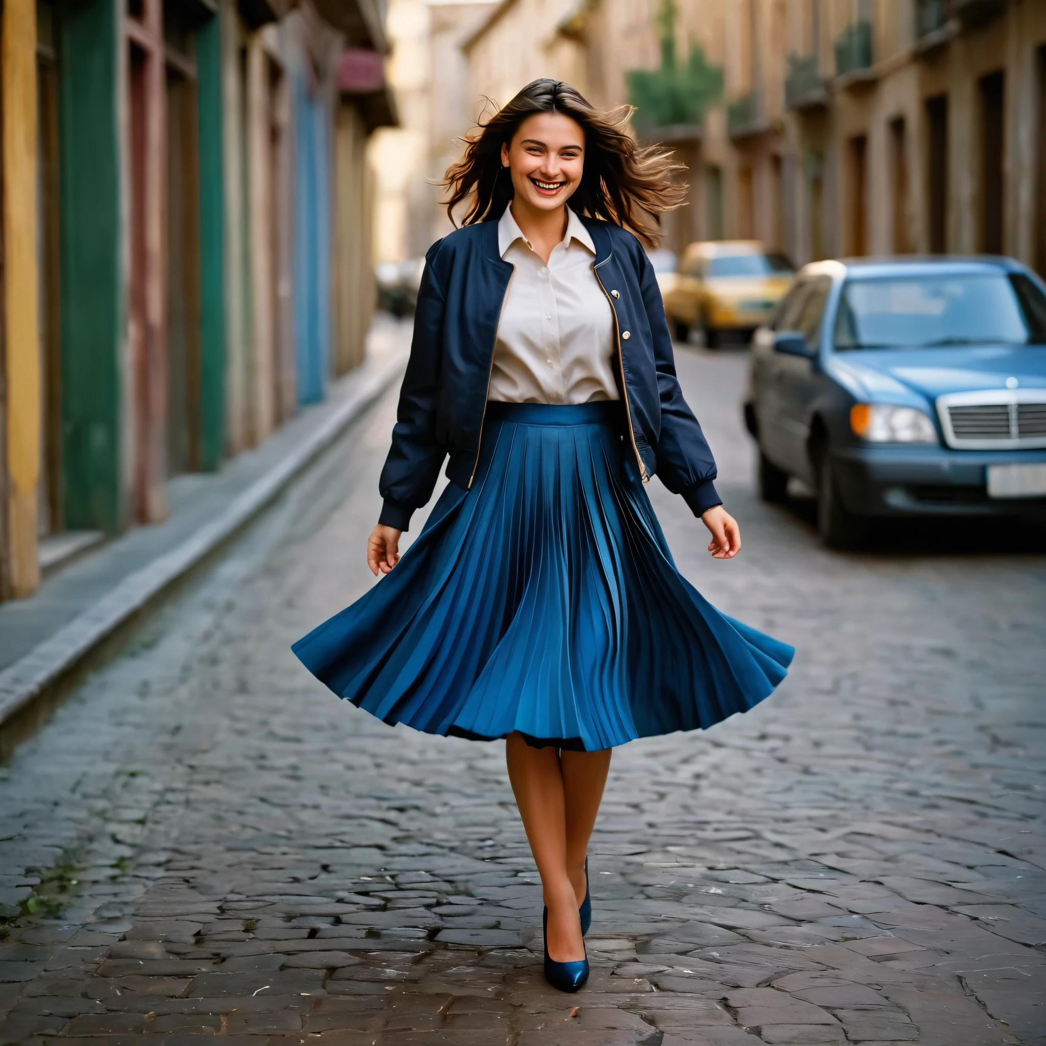A smiling, authentic, (shy:1,3), kind, beautiful woman, is passionately in love with her skirt, wind wildly lifts her skirt, wearing uniform jacket and very, very detailed (long (fully pleated) full circle skirt) and (low heeled court shoes), very, very intricate hyper-detailed symmetric (attractive graceful young feminine face) with (sad, tired eyes and a loving smile), very voluptuous breasts, full of empathy and compassion and love, (pronounced (feminine) features), (highly detailed ultra accurate realistic) hands and fingers, (windy), epic composition, highly detailed attributes, (35mm f1.4 Kodak portra 400 photograph), extremely high quality RAW photograph, highly detailed atmosphere, sci-fi, cinematic shot, dynamic lighting, 75mm, Technicolor, Panavision, cinemascope, sharp focus, fine details, 8k, HDR, realism, realistic, key visual, film still, superb cinematic color grading, depth of field