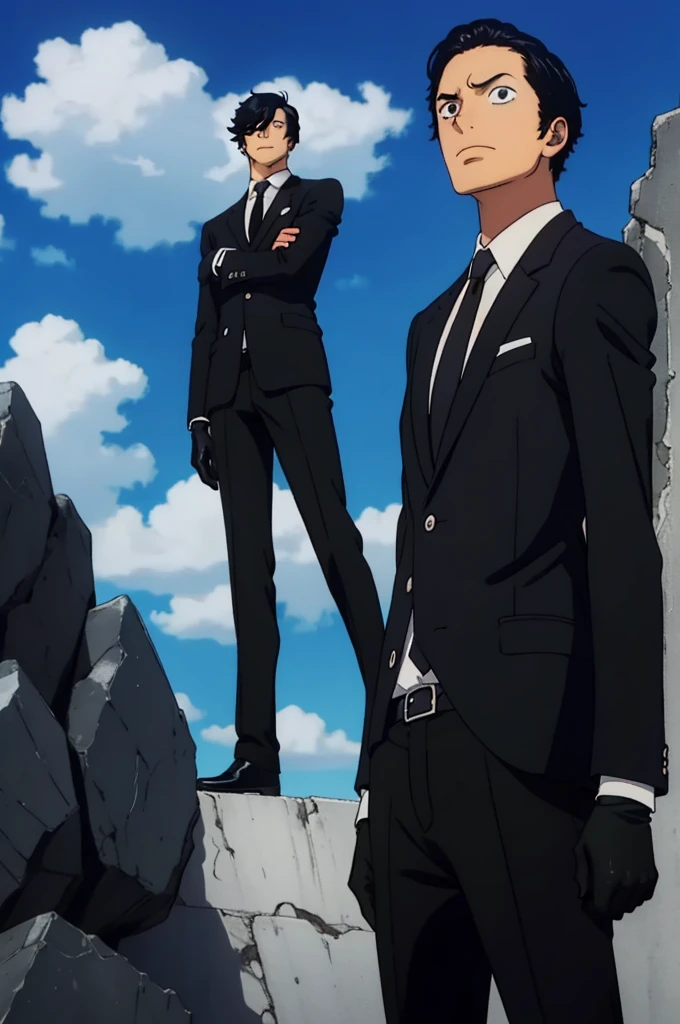 solo male, black hair, black eyes, Normal hair, black suit, black gloves, looking at the sky