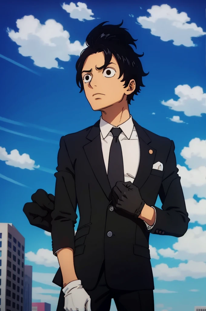 solo male, black hair, black eyes, Normal hair, black suit, black gloves, looking at the sky