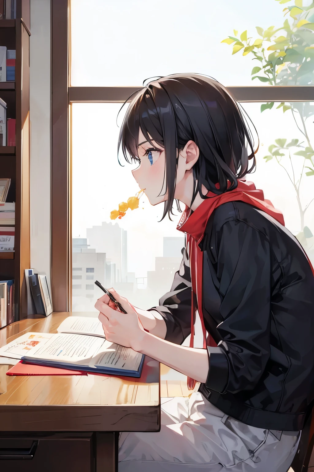 Profile of a man writing a novel while munching on something