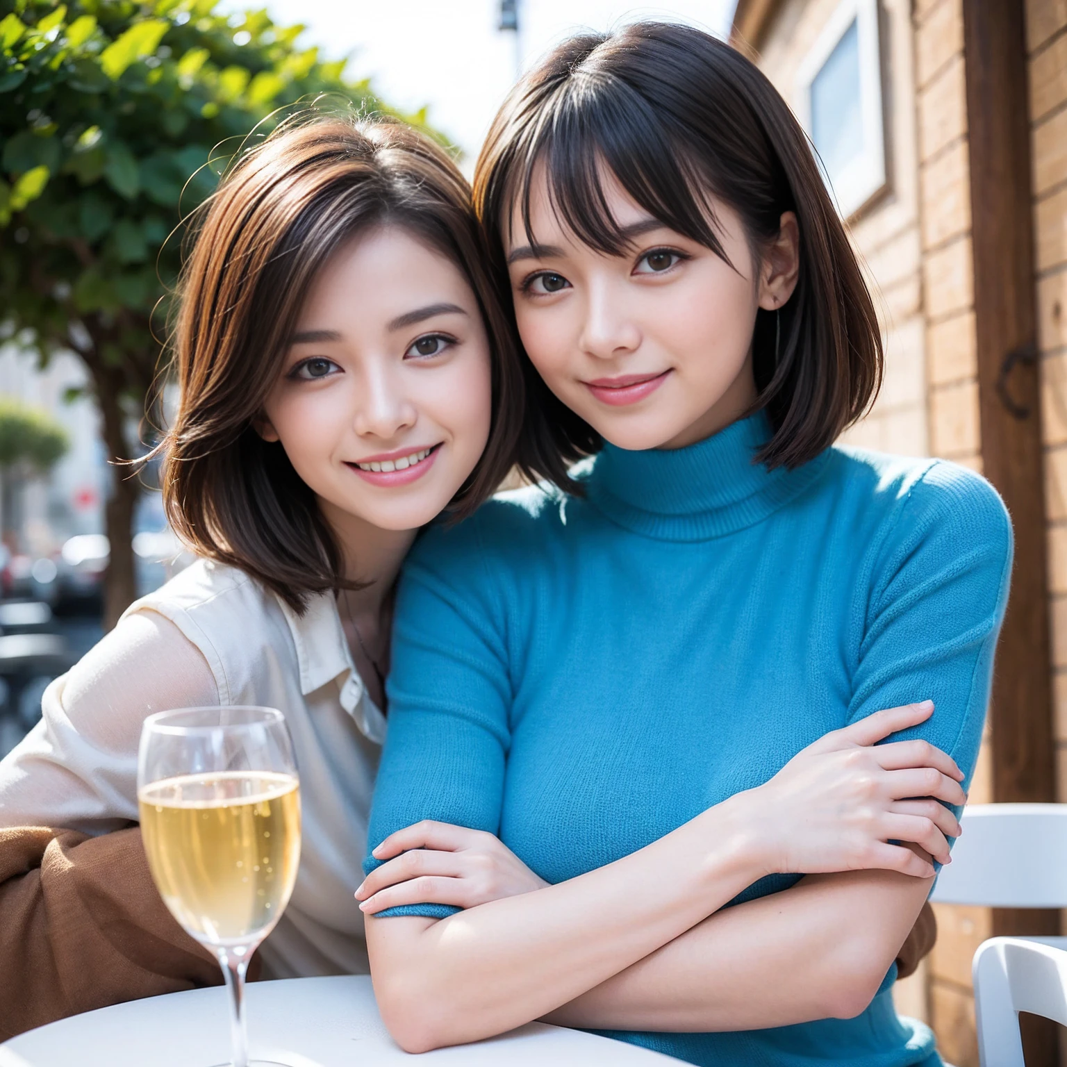 ((Highest quality、8K、masterpiece:1.3))、1 male、1 female、Couple、spouse、Couple、The body is slim、((Bob Hale、Straight hair:1.2)), (Realistic, Intricate details:1.2), テーブルの上のwine glass、Put the light on your face、 Amazing view of the sunset sky and clouds、Amazing mountain views、A bright smile、The wonderfulness of smile、Bright image、The beauty of wine, Beautiful Face, blue eyes, The light shines on your face, Blushing, short hair,Bright Face、 (Age 37), 39 years old, red wine 、Appetizers、Italian food、Wine bottle、Champagne、sparkling wine、Two beauties、Brown Hair、Shortcuts、Long sleeve shirt、dress、Beautiful woman 1, (slimな顔), (The body is slim), (Brown Hair), (Shortcuts), cheeks turn a little red,Attractive beauty、restaurant, In a prominent place (From the waist up) Nova Frog Style, actress, model, Upper Body, White wine, slim, wine glass, 中央に置かれたwine glass, smile, (smile: 1.15), Beautiful fine grain, Depth f/2,saturation, High Contrast, Strong light and shadow,Moist Body:1.5、3D texture、Delicate eyes、Brown Hair、The hair is very shiny、