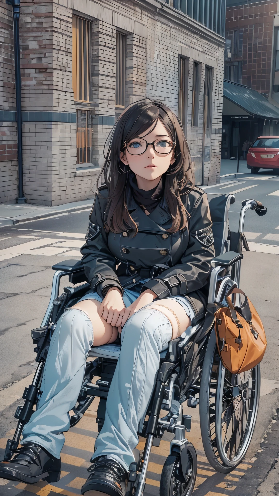(Very detailed, Realistic), Cityscape, [moderately:Oil], [Professional:1.1], [Physically Based Rendering], [Bright colors], [Sharp focus], [Studio Lighting], [Extreme Detail], [Highest quality,4K,8K,High resolution,masterpiece:1.2],(Detailed face),((inside the street)),((there is many peoples in the street)),((One 18-year-old woman)),(Glasses),(Black unkempt hair),(dark),(it hurts),(Scary),[Nervous eyes],((many peoples are watching her of wheelchair user)), ((many peoples are watching her of wheelchair user)), ((many peoples are watching her of crutche’s user)),((She walks with crutches,Crutch length from armpit,Crutches are at her side)),((she’s putting on her legs in cast)),((leg braces)),((leg braces)),((she’s wheelchair user)),((Her feet are turned inwards)),(winter clothes ladies fashion,trench coat,tights),((lace-up-long-boots)),(gloves,Knee pads),.