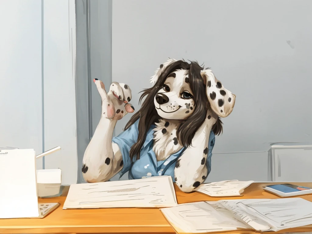 a cute and anthropomorphic, black spots and white fur female dog, she's dressed with a blue colored shirt, closed smile, high quality furry art.