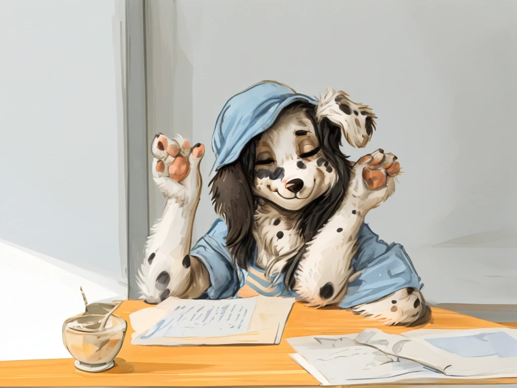 a cute and anthropomorphic, black spots and white fur female dog, she's dressed with a blue colored shirt, closed smile, high quality furry art.
