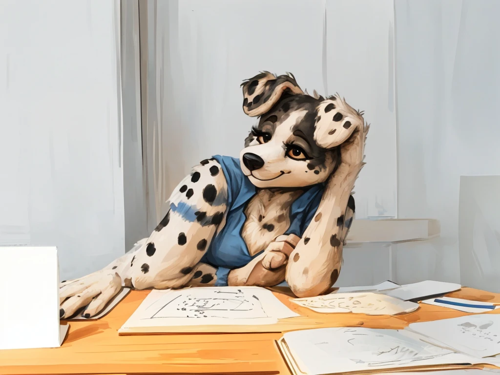 a cute and anthropomorphic, black spots and white fur female dog, she's dressed with a blue colored shirt, closed smile, high quality furry art.