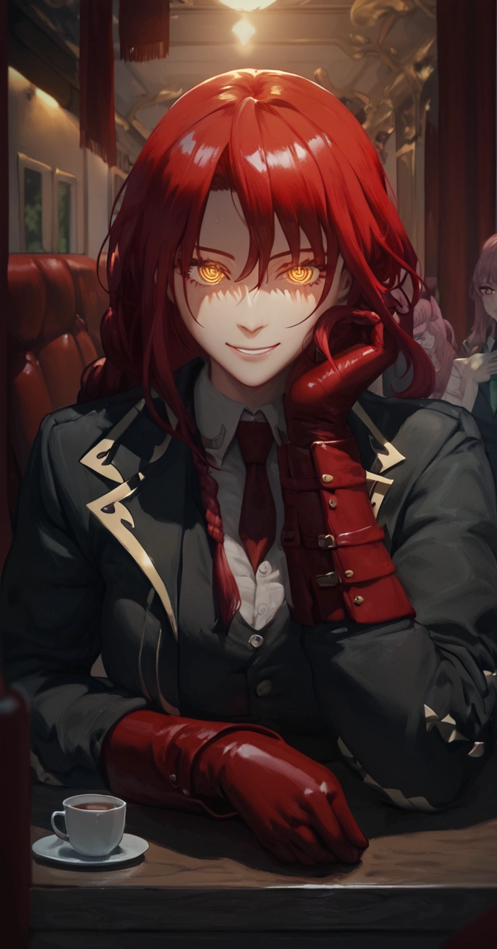score_9, score_8_up, score_7_up, score_6_up, uncensored, Makima, maroon hair, braided ponytail, ringed eyes, yellow eyes, naughty face, shiny skin, sweating, BREAK (masterpiece:1.2), best quality, high resolution, unity 8k wallpaper, (illustration:0.8), (detailed eyes:1.3), perfect lighting, extremely detailed CG, (perfect hands, perfect anatomy), hearts, pleasured, Expressiveh, clenched teeth, elbow gloves, head rest, table, cup, head rest, gloves, necktie, bokeh, spotlight, 