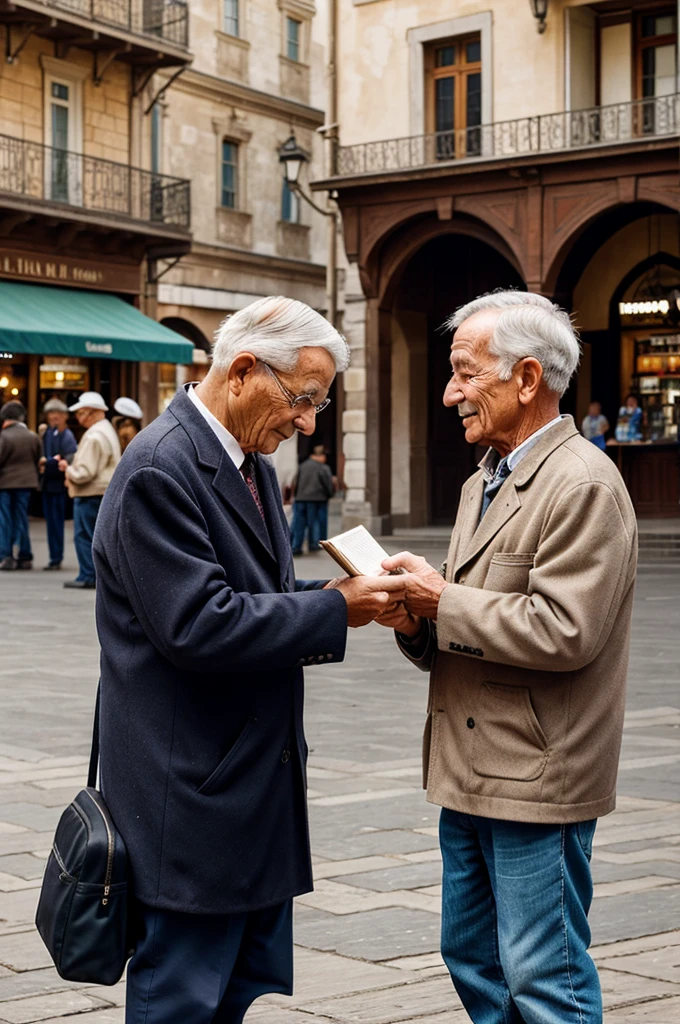 An old man handing a small book to a young boy in a bustling town square.