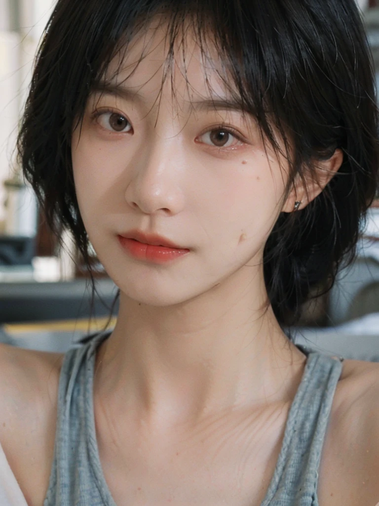 (Skin details:1.4), (smooth skin textures:1.3), Lipstick, background,海滩background, Looking at the audience,earrings, serene, calm, (Realistic and detailed eyes:1.2), Natural skin texture, Realistic facial details, Soft dramatic lighting, Vivid details, 35 mm film, outdoor, (Photo Practical:1.4), (hyper Practical:1.4), (Practical:1.3), (Smoother lighting:1.05), (Improve lighting quality:0.9), (Highest quality real skin textures:1.4), Exquisite eyes, Delicate face, Close-up of face, (Enhance the beauty of skin texture:1.1), Hair details, Vest,short hair, Moles under the eyes, thinking, A faint smile,海边background,Portrait Photography, Depth of Field, Bokeh, Surrealism, Ray Tracing, (Portrait Photography:1.1), Surrealism, High Detail, Chiaroscuro, Ray Tracing, reflected light, Ultra HD, Ultra HD, masterpiece, Textured Skin, Super Detail, High Detail, high quality, best quality